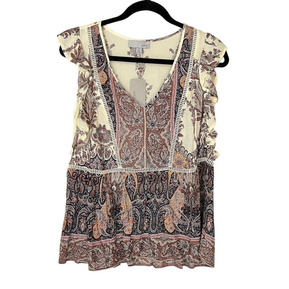 Luukse Boho Paisley Print Ruffle Hem Top - Size Medium